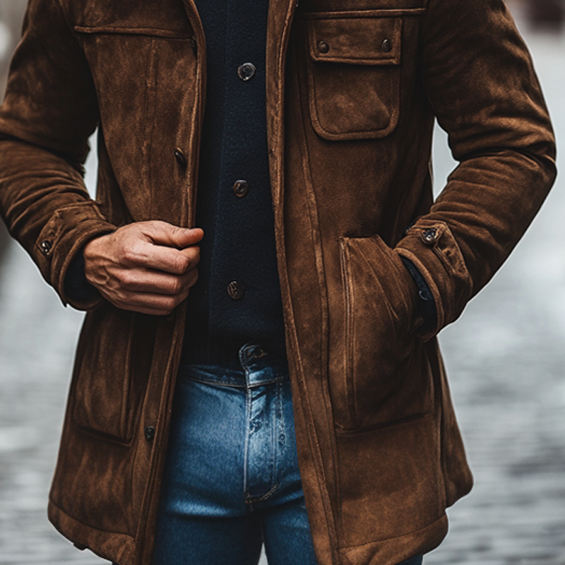 Men's Retro Solid Color Lapel Faux Suede Mid-Length Coat MTA0536K2X