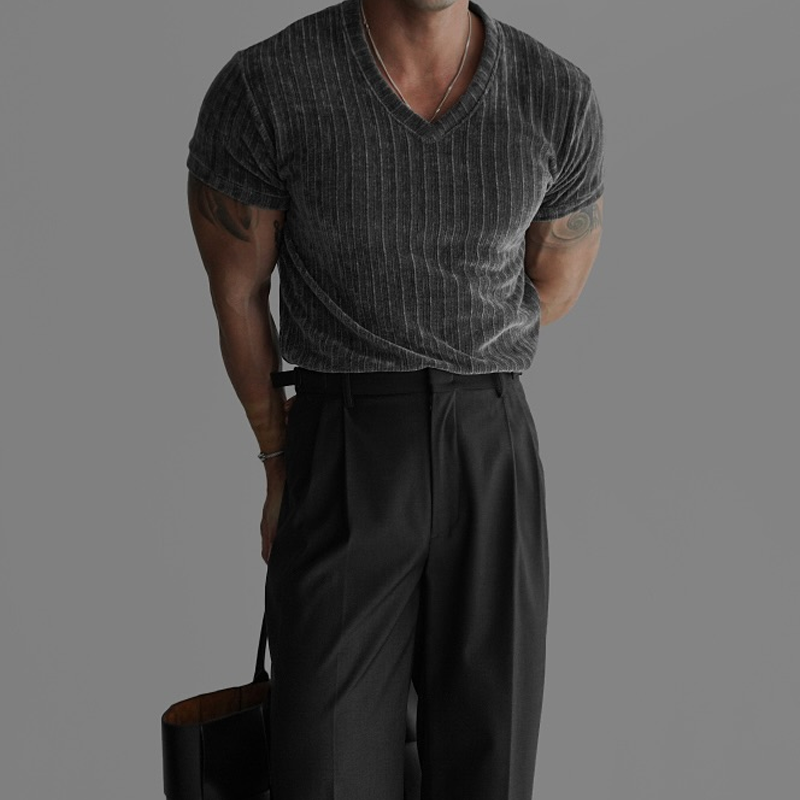 Men's Fashion Slightly Stretch V Neck Short Sleeve T-shirt MTA0681E0Z
