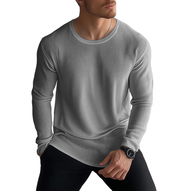 Men's Casual Solid Color Breathable Knitted Round Neck Loose Long Sleeve Sweater T-shirt MTA2184G6M