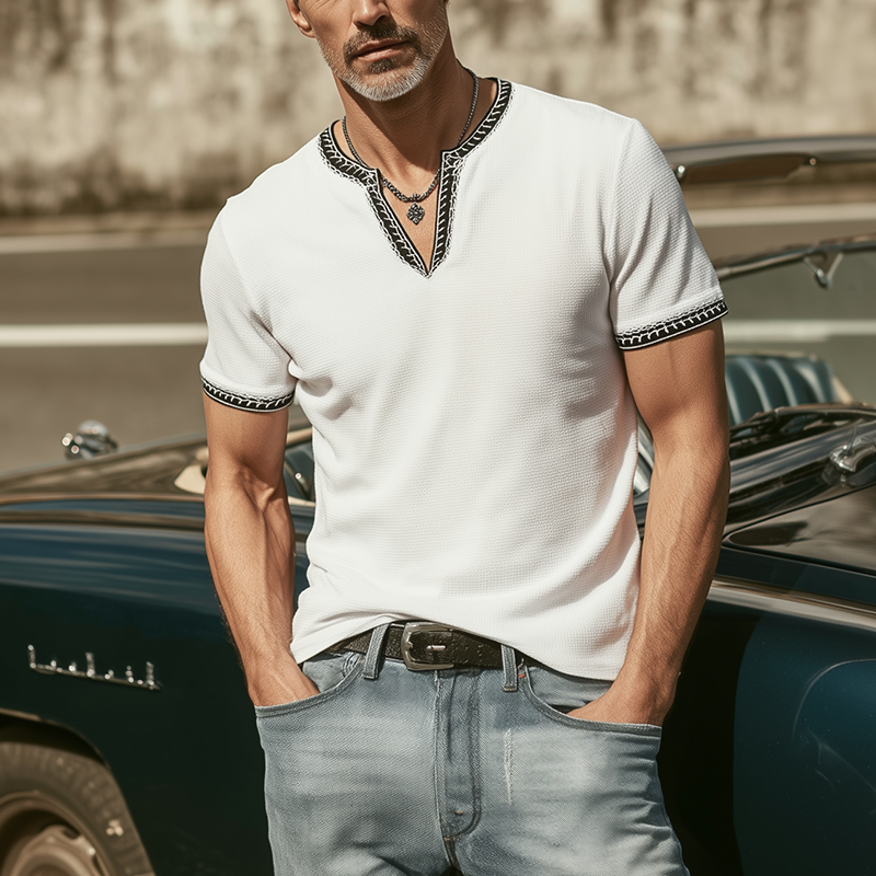Men's Classic Casual V-neck Slim Fit Waffle Embroidery Short Sleeve T-shirt MTA0371G6K