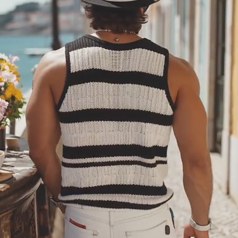 Men's Summer Fashion Casual U-neck Knitted Black And White Horizontal Striped Tank Top MTA2649F7K