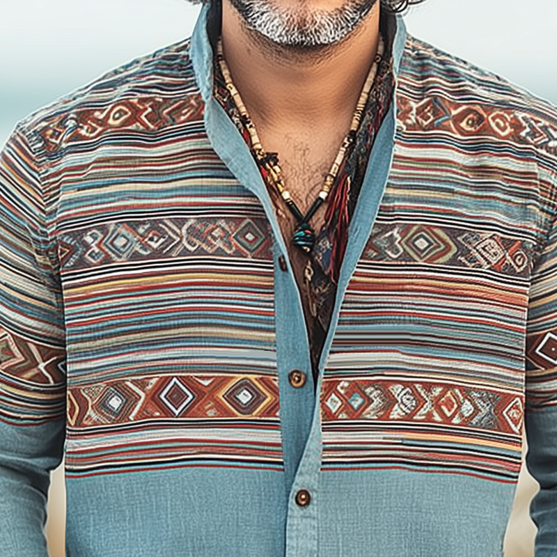 Men's Ethnic Print Stand Collar Long Sleeve Shirt MTA0201H9Z