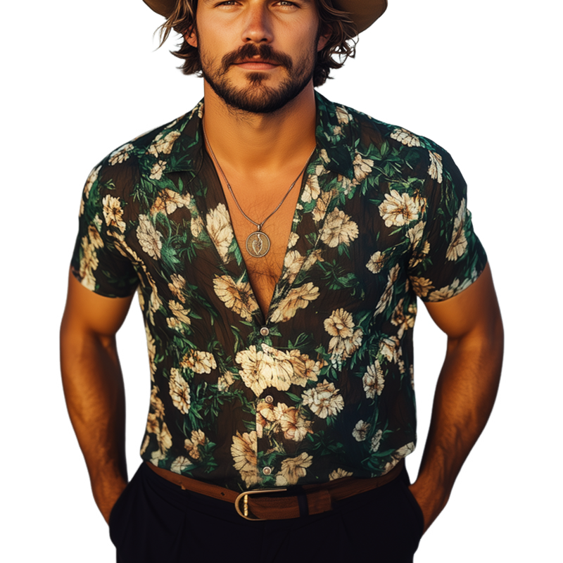 Men's Summer Casual Chiffon Printed Short Sleeve Shirt MTA1096F3U