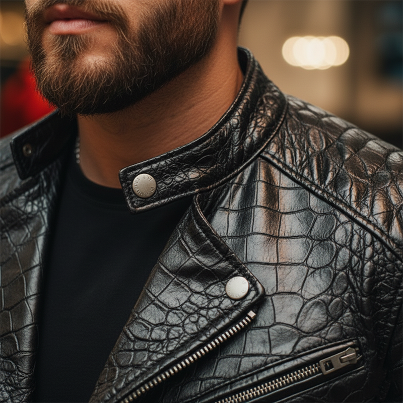 Men's Winter Fashion Crocodile Pattern PU Faux Leather Motorcycle Jacket MTA1758J5P