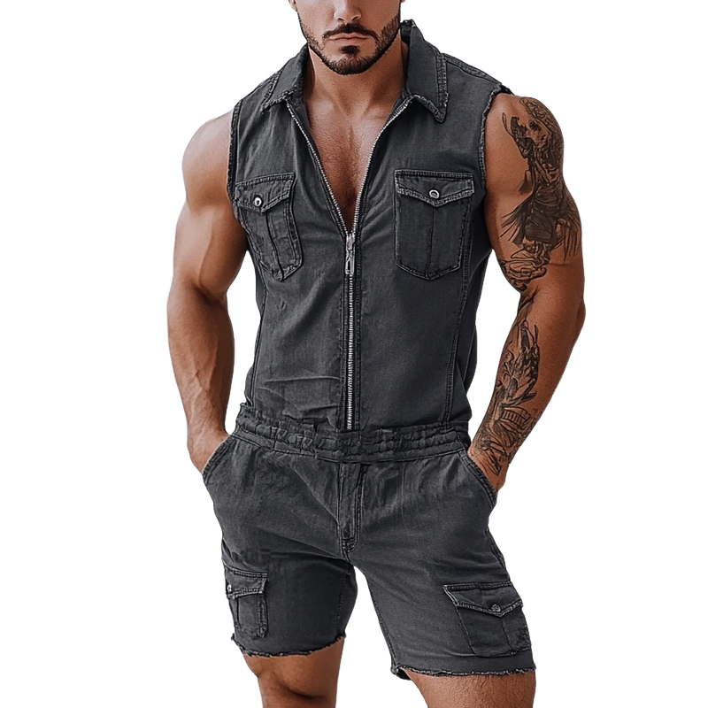 Men's Fashion Lapel Sleeveless Zipper Multi-Pocket Denim Jumpsuit MTA2399F8Y