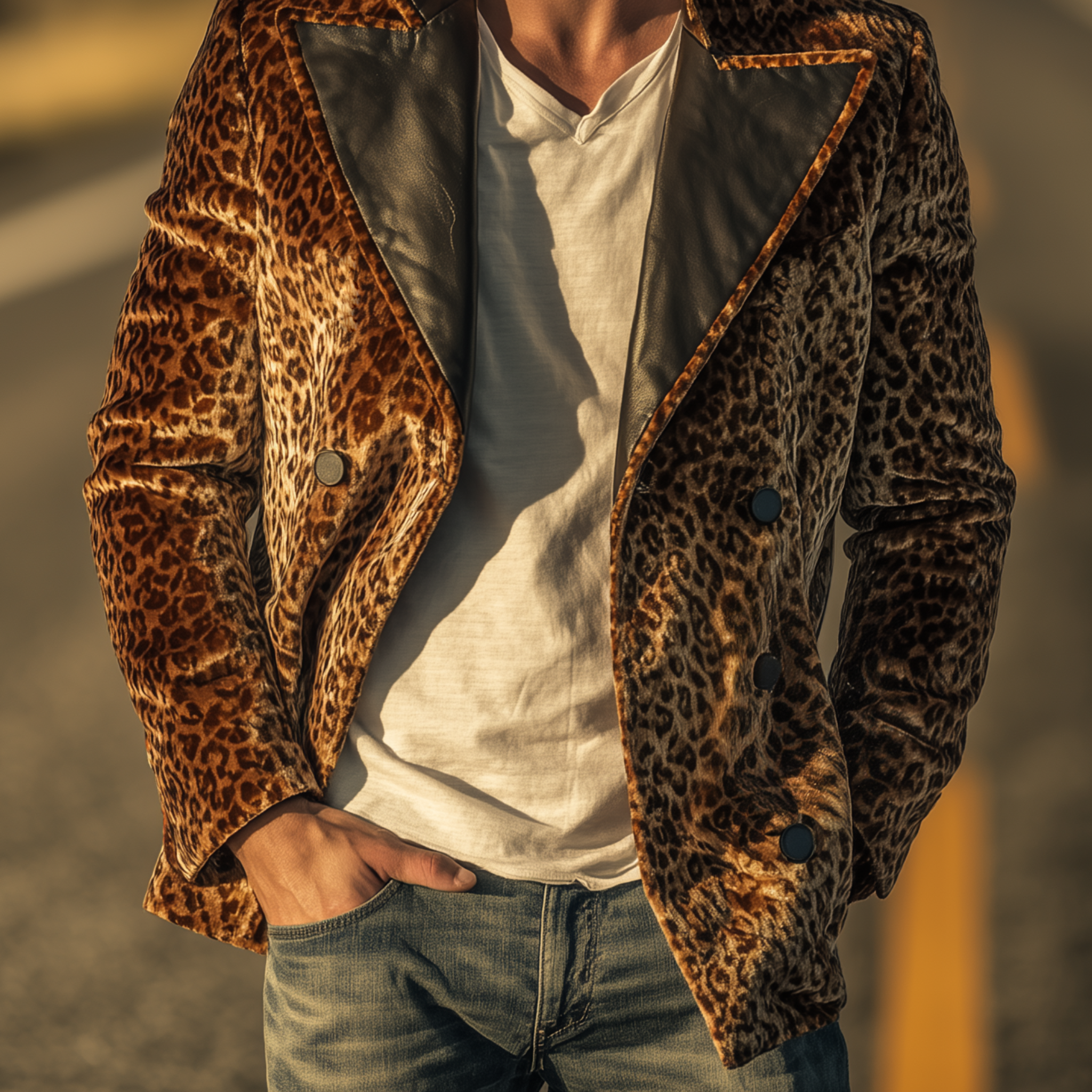 Men's Classic Vintage Pu Leather Lapel Double-breasted Velvet Leopard Print Jacket MTA0345I6K