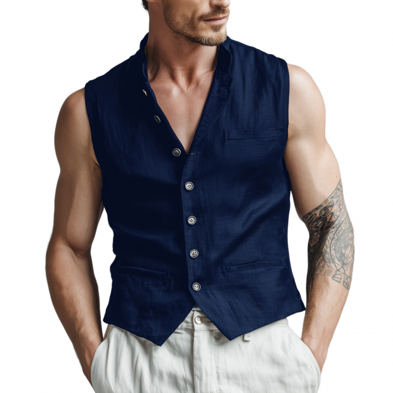 Men's Vintage Solid Color Breathable Linen Stand Collar Single Breasted Slim Suit Vest MTA2500G0M