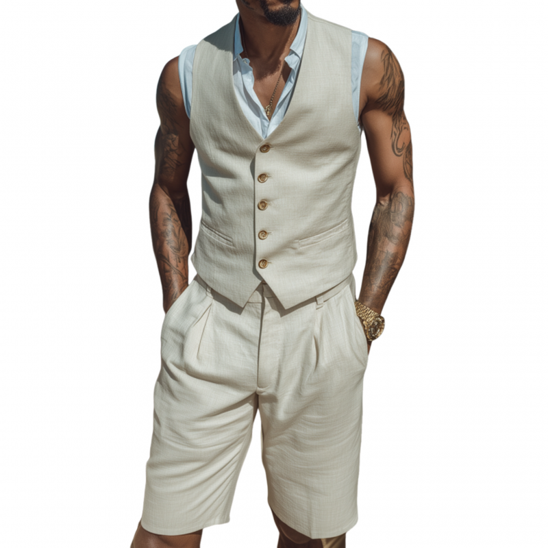 Herre vintage elegant bomullsblanding V-hals enkeltspent slim fit dressvest shortssett (T-skjorte ikke inkludert) MTA1846F8M
