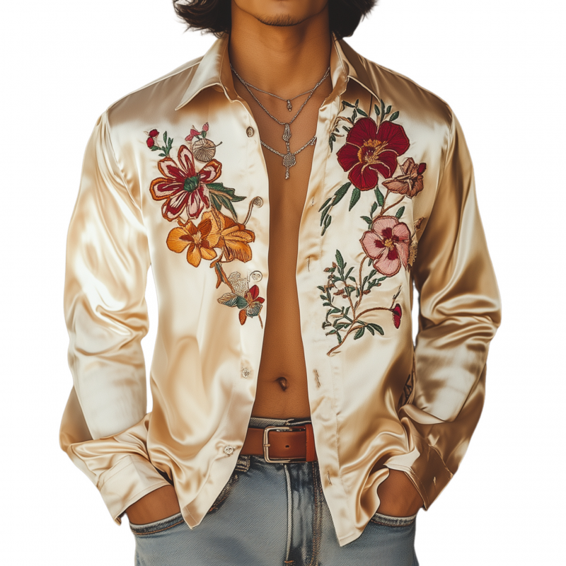 Men's Vintage Elegant Flower Embroidery Satin Lapel Loose Long Sleeve Shirt MTA1655F8M