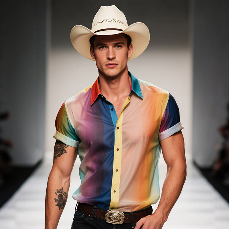 Men's Retro Casual Neon Gradient Printed Mesh Lapel Short Sleeve Shirt MTA2220E6TO