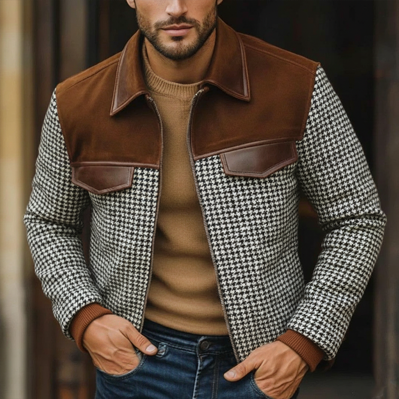 Men's Winter Retro Houndstooth Faux Suede Patchwork Jacket MTA1286K8P