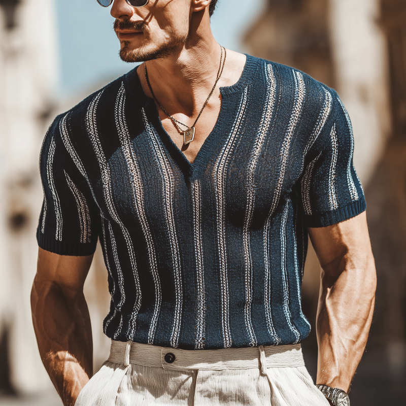 Men's Summer Vertical Striped V-Neck Knitted Short-Sleeved T-Shirt MTA0919G6U