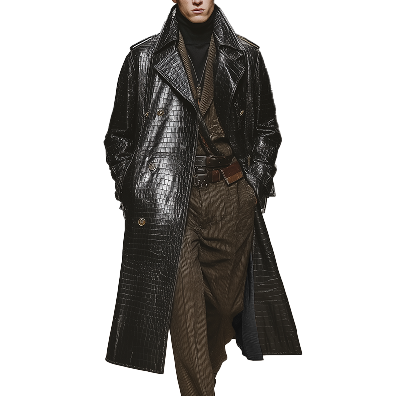 Men's Winter Retro Crocodile Pattern Shiny PU Long Coat MTA1432J7P