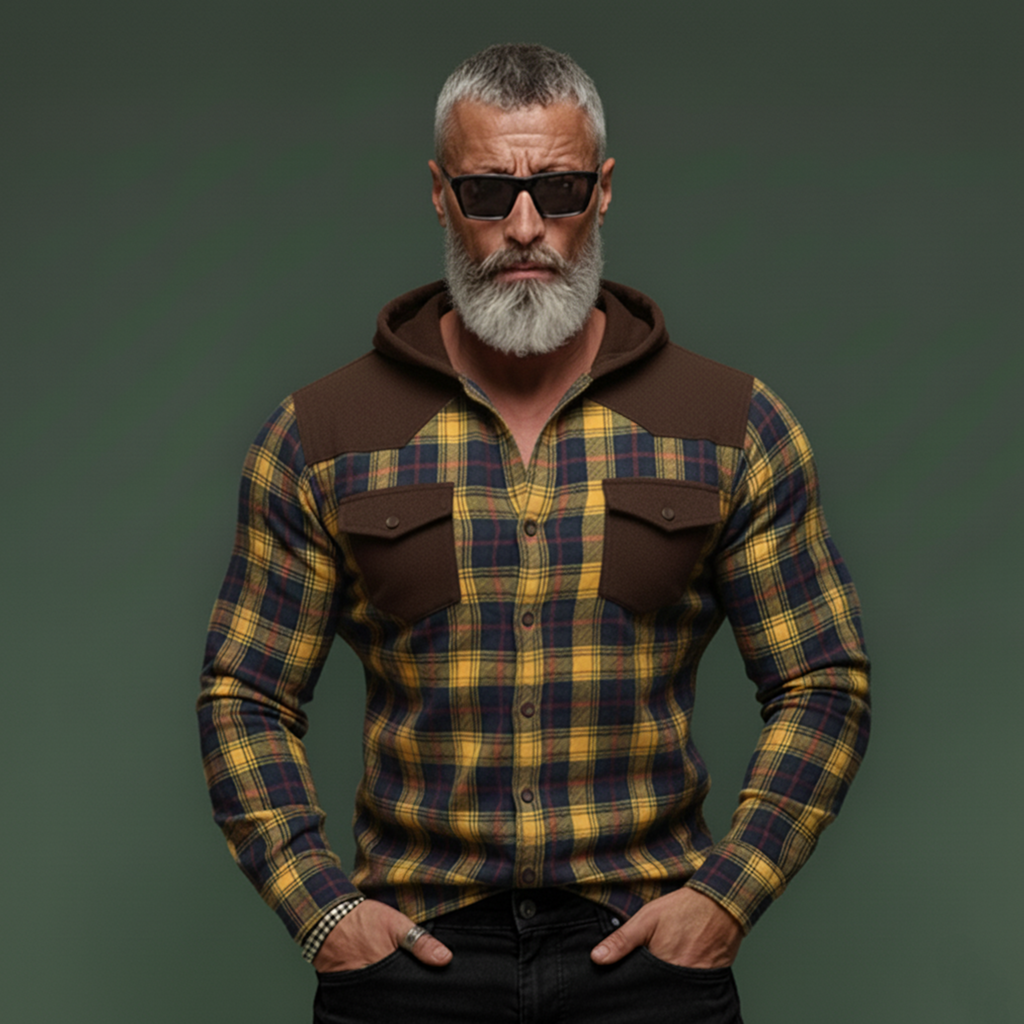 Men's Classic Casual Rugged Style Patchwork Faux Suede Hooded Plaid Brushed Long-sleeved Shirt MTA1365K0K