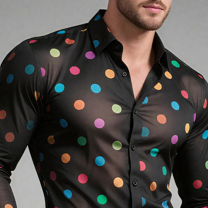 Men's Rainbow Polka Dot Print Chiffon Lapel Long Sleeve Shirt MTA2170G9Z