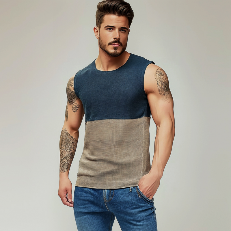 Men's Casual Round Neck Contrast Color Slim Fit Knitted Tank Top MTA1590E6M