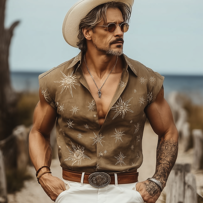 Men's Summer Beach Print Sleeveless Shirt MTA1978F6U