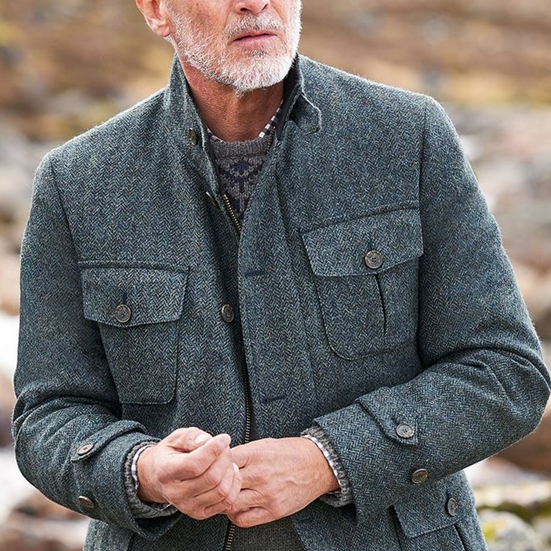 Men's Herringbone Stand Collar Multi-Pocket Single-Breasted Zipper Jacket MTA1604I2Z