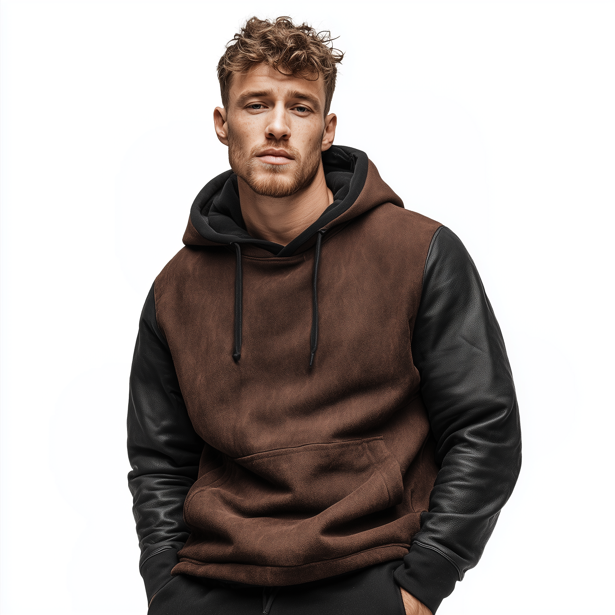 Men's Classic Casual Sleeve Stitching PU Leather Loose Faux Suede Hoodie MTA0983J5K