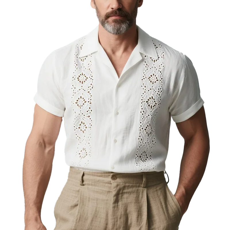 Men's Casual Hollow Decoration Cuban Collar Short Sleeve Shirt MTA0991F7Y
