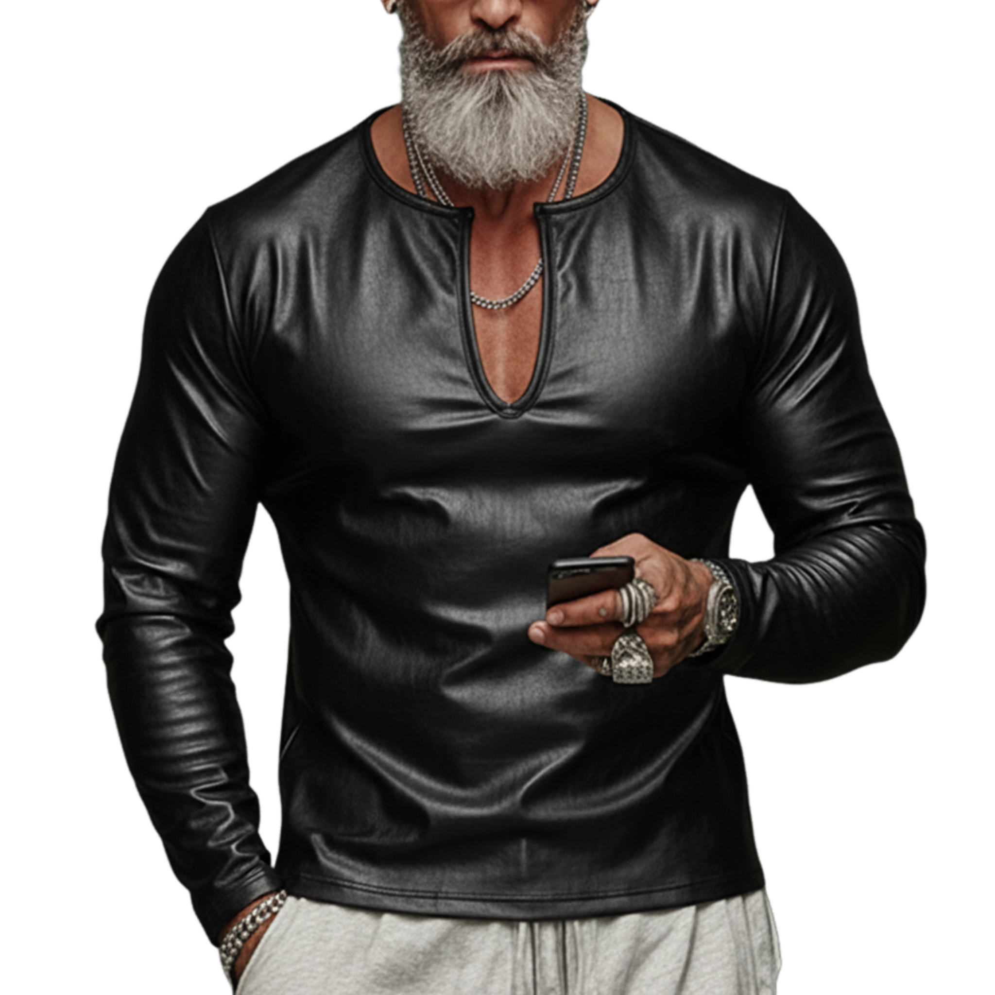 Men's Classic Casual V-Neck Slim Fit PU Leather Long-Sleeve T-Shirt MTA2595K9K