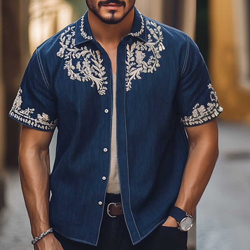 Men's Summer Silver Embroidered Lapel Denim Short Sleeve Shirt MTA2270E6U