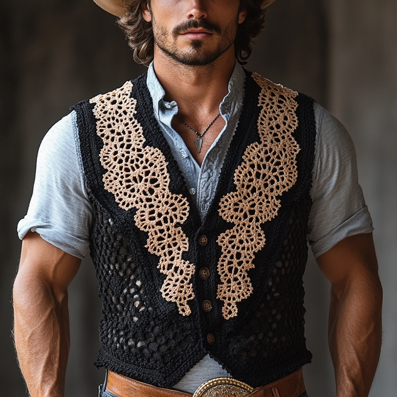 Men's Western Crochet Colorblock Single Breasted Vest MTA1330F4Y