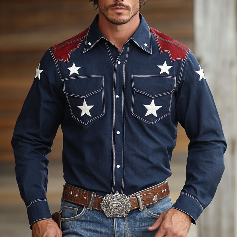 Men's Retro Western Cowboy Style Star Embroidered Lapel Long Sleeve Shirt MTA0679E8TO