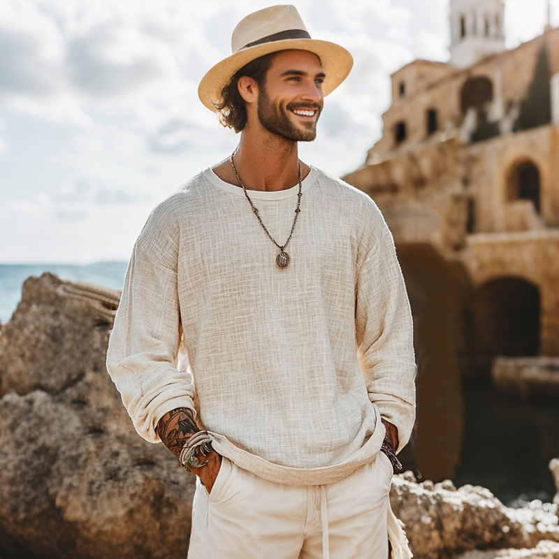Men's Casual Breathable Cotton Linen Round Neck Loose Long-sleeved T-shirt MTA1506G6M