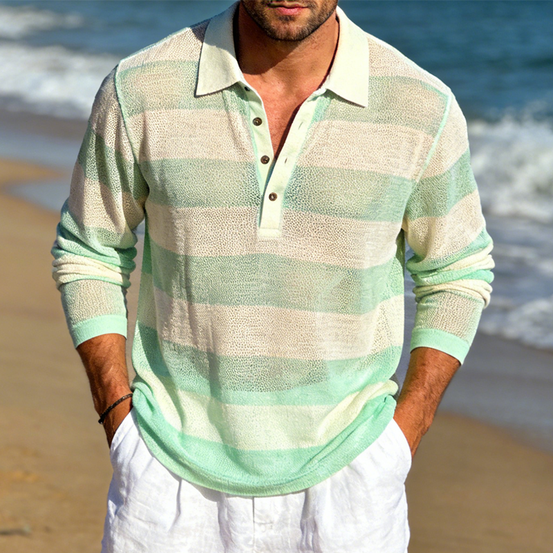 Men's Spring/Summer Fashion Cotton Yarn Knit Striped Long-Sleeve Polo Shirt MTZ1019B3P