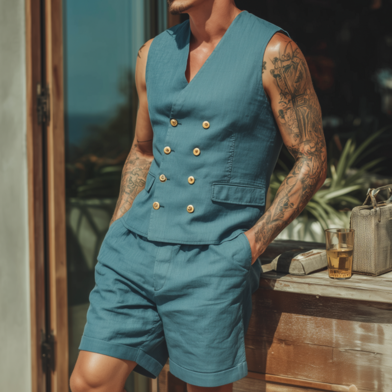 Men's Casual Solid Color Cotton Linen V-neck Double-breasted Slim Suit Vest Shorts Set MTA1852F9M