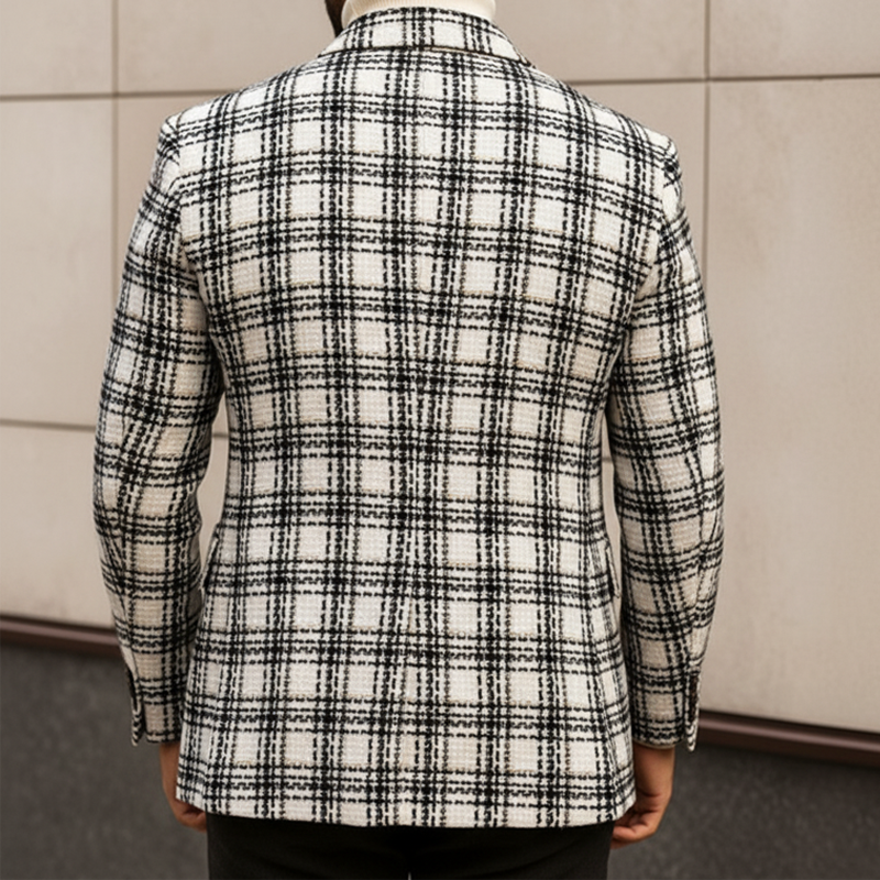Men's Retro Elegant White Check Gold Thread Tweed Two-Button Single-vent Blazer MTA1238L9U