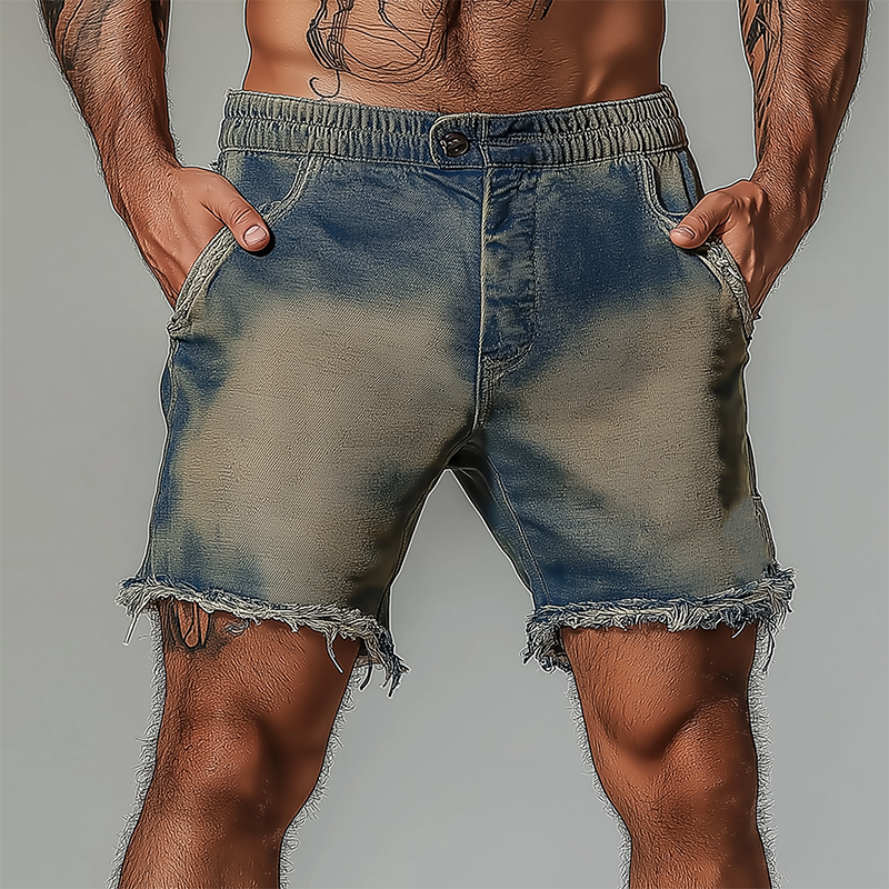Men's Summer Fashion Washed Raw Edge Distressed Denim Shorts MTA2356F4P