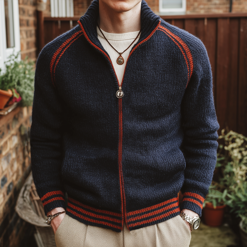 Men's Classic Stand Collar Colorblock Zippered Knit Cardigan MTA3037I7U