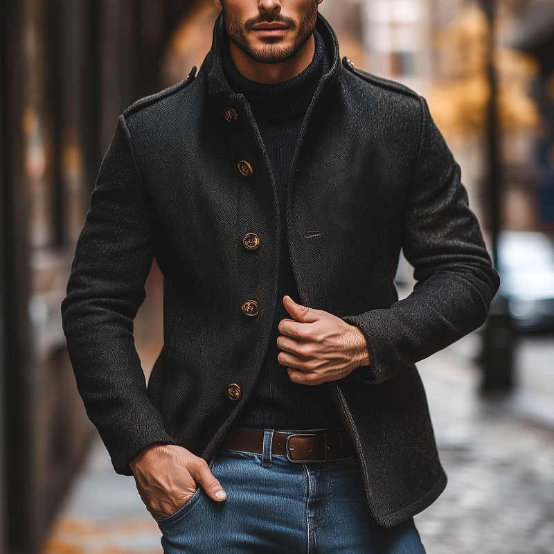 Men's Blended Stand Collar Single-breasted Slim Fit Solid Color Jacket MTA2839I6X