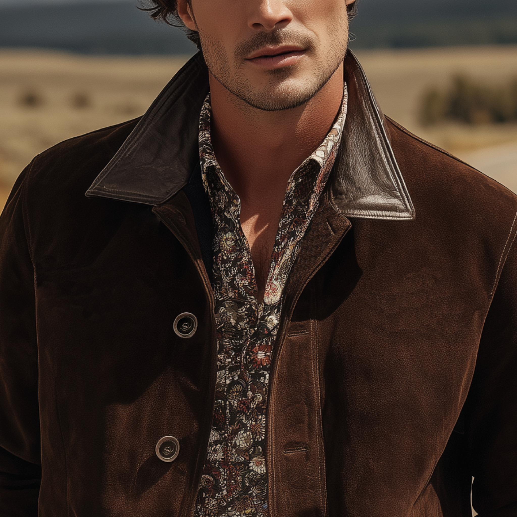 Men's Classic Western Casual Tough Style PU Leather Lapel And Cuff Suede Jacket MTA0883I3K