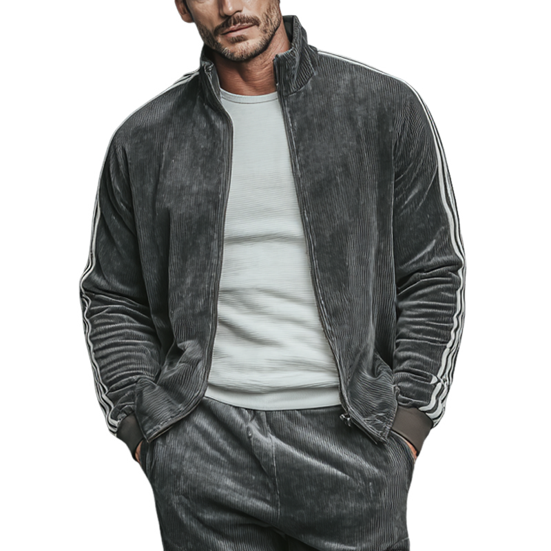 Men's Corduroy Striped Color Block Stand Collar Zip-Up Jacket MTA2995K0X