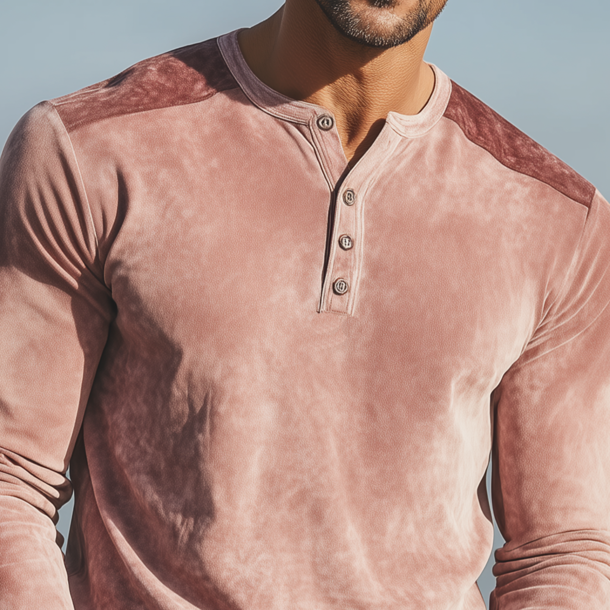 Men's Classic Casual Henley Neck Pink Suede Slim Fit Long Sleeve T-Shirt MTA1896H4K