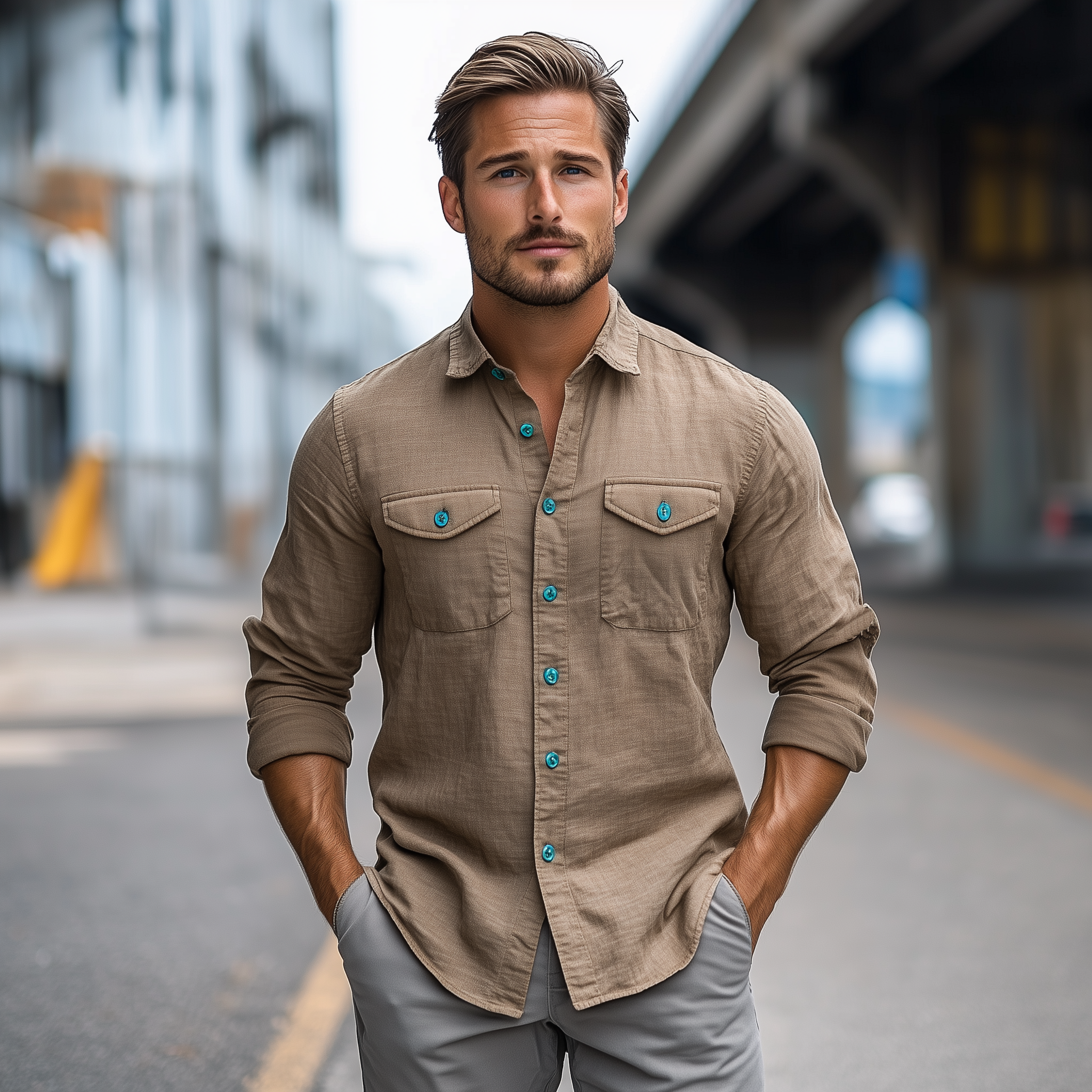 Men's Classic Casual Lapel Cotton And Linen Contrast Button Long Sleeve Shirt MTA2261G9K