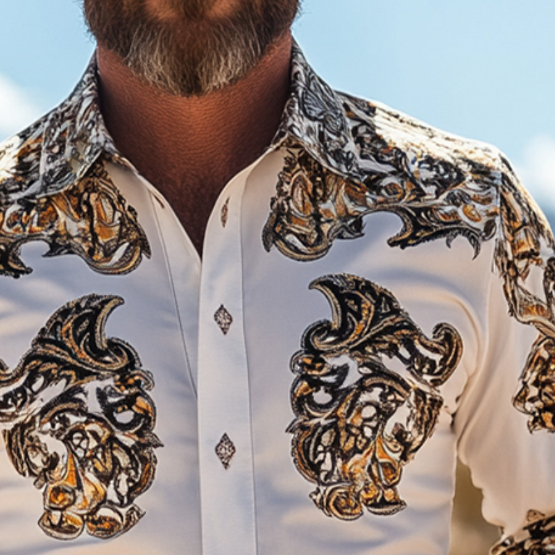 Men's Retro Western Cowboy Style Printed Lapel Long Sleeve Shirt MTA0622E2TO