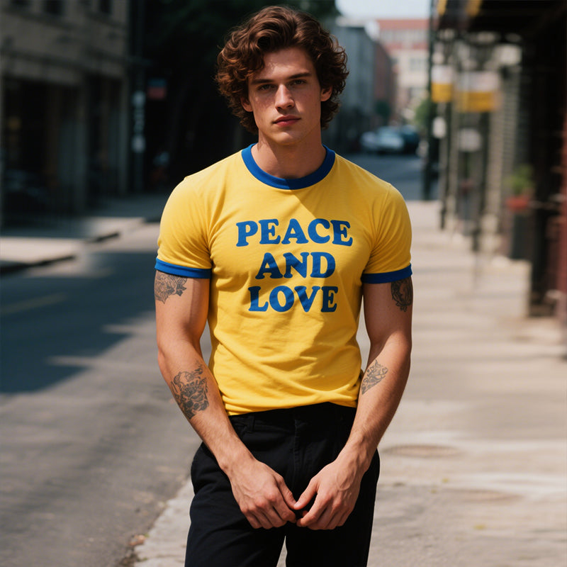 Men's Retro Casual Cotton PEACE AND LOVE Printed Round Neck Short Sleeve T-Shirt MTA2918E9TO