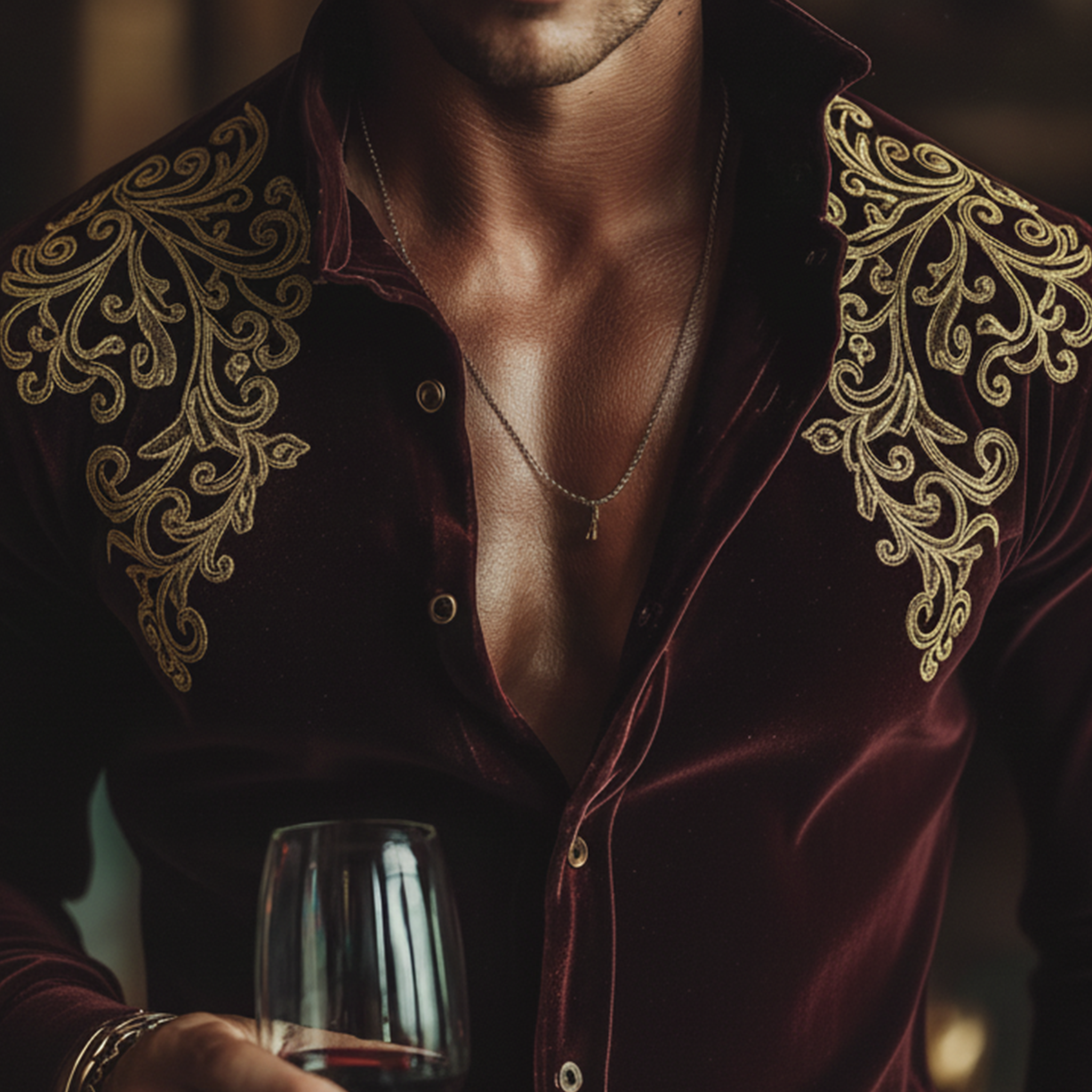 Men's Classic Retro Stand-collar Embroidered Faux Velvet Long-sleeved Shirt MTA0533L6K