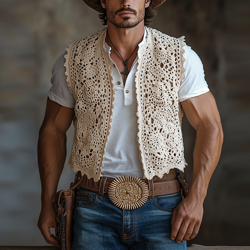 Men's Western Style Solid Color Crochet Buttonless Vest MTA1343F8Y