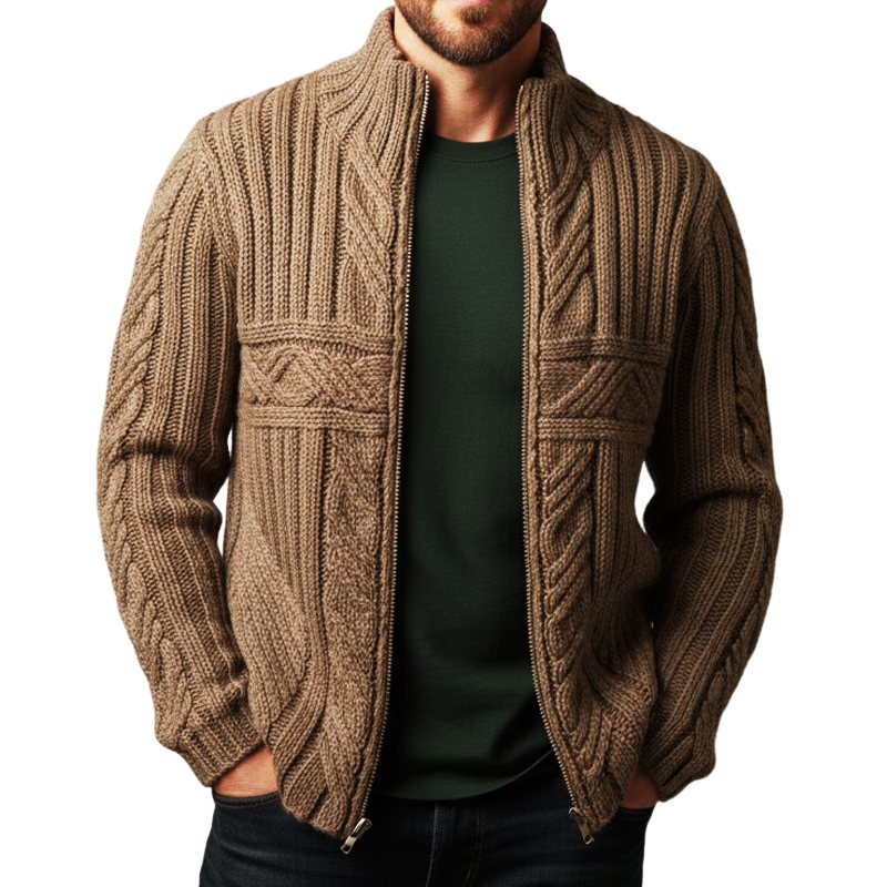 Men's Classic Jacquard Textured Stand Collar Zipper Knit Cardigan MTA1957K1U