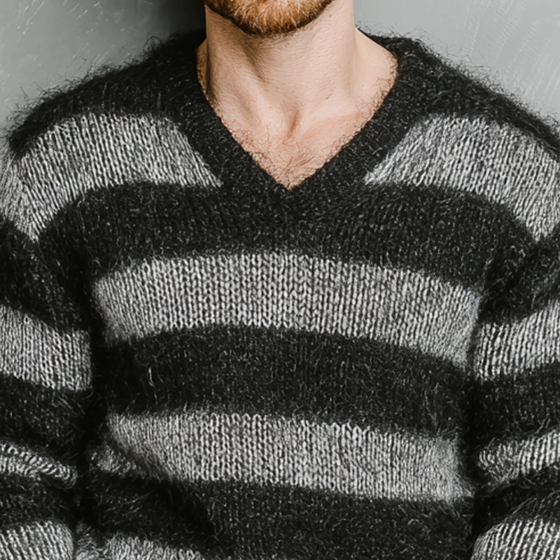 Men's Loose Striped V-Neck Mohair Knit Sweater MTA1238I1X