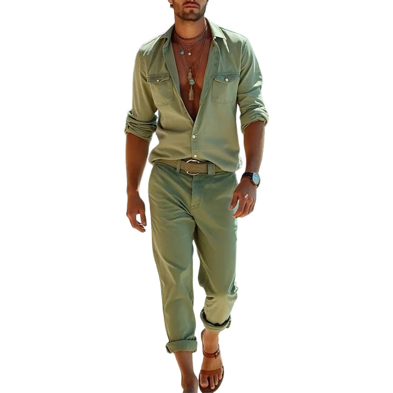 Men's Casual Solid Color Long Sleeve Shirt And Trousers Set MTA3002D3U