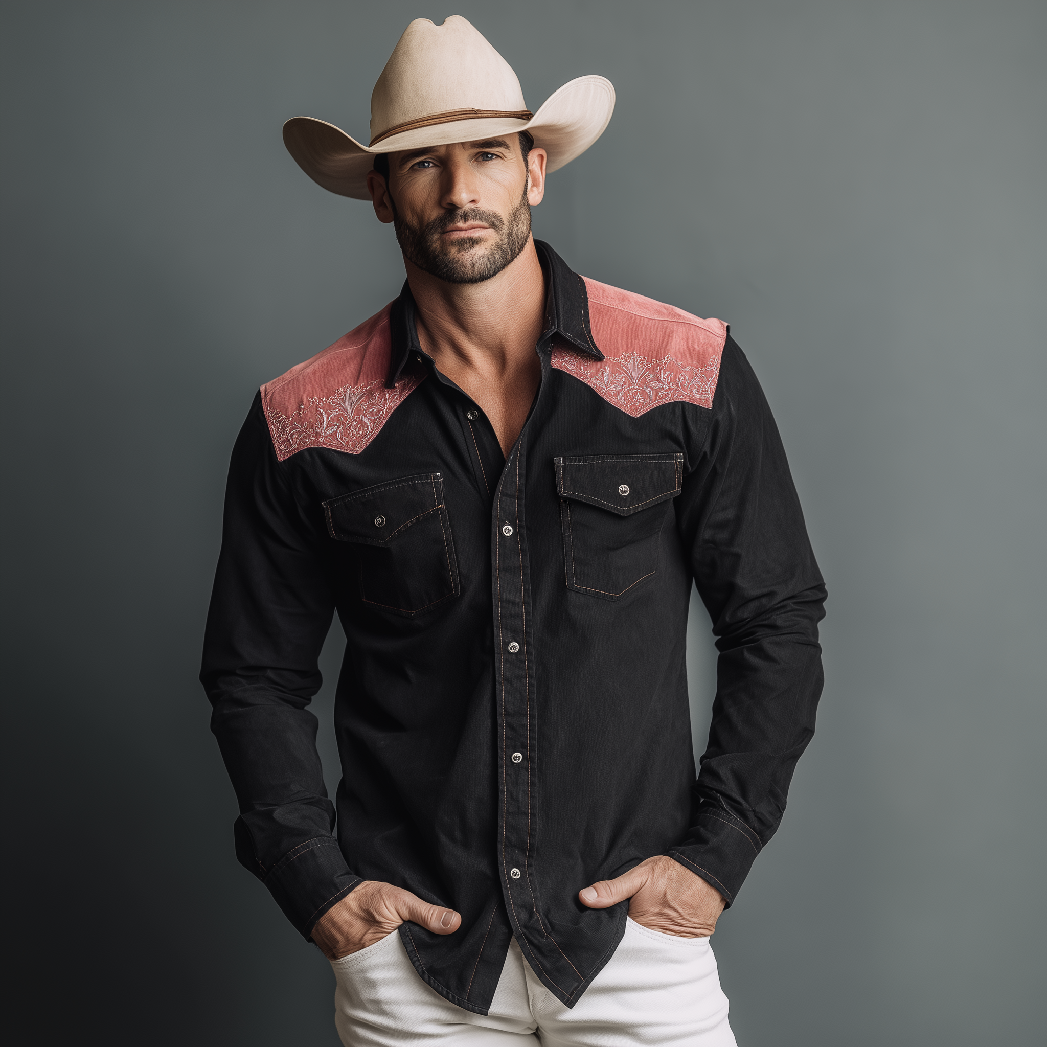 Men's Classic Retro Western Style Shoulder Pink Suede Embroidery Patchwork Cotton Blend Long Sleeve Shirt MTA2239H3K