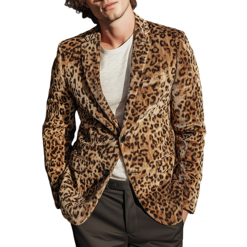 Men's Stylish Vintage Leopard Print Corduroy Notch Lapel Single-breasted Slim-fit Blazer MTA0796H0M