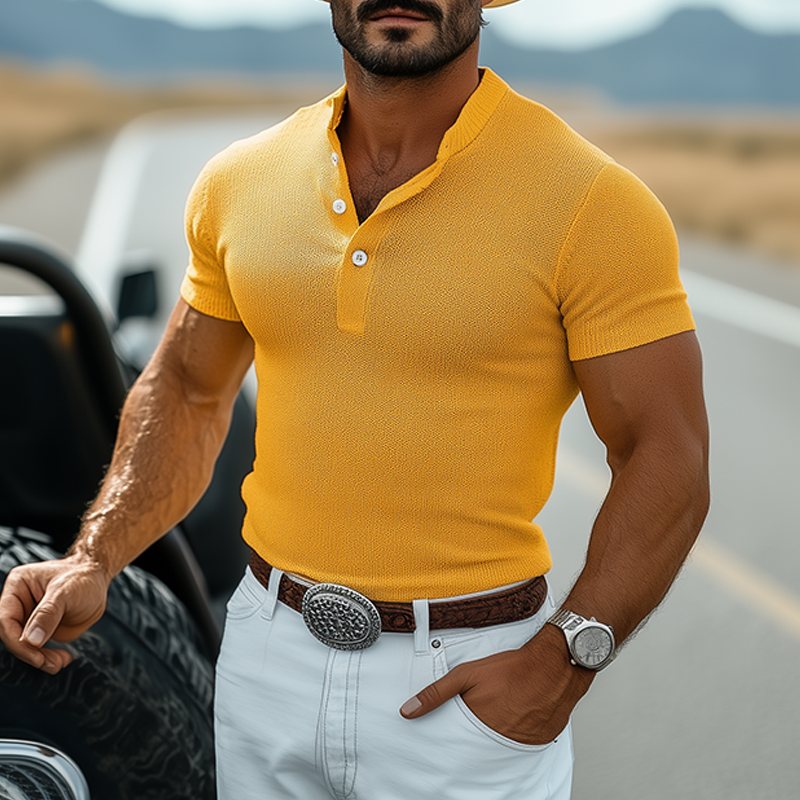 Men's Spring And Summer Fashion Casual Western Style Henley Collar Slim Fit Knit Short Sleeve T-Shirt MTA1436E0K