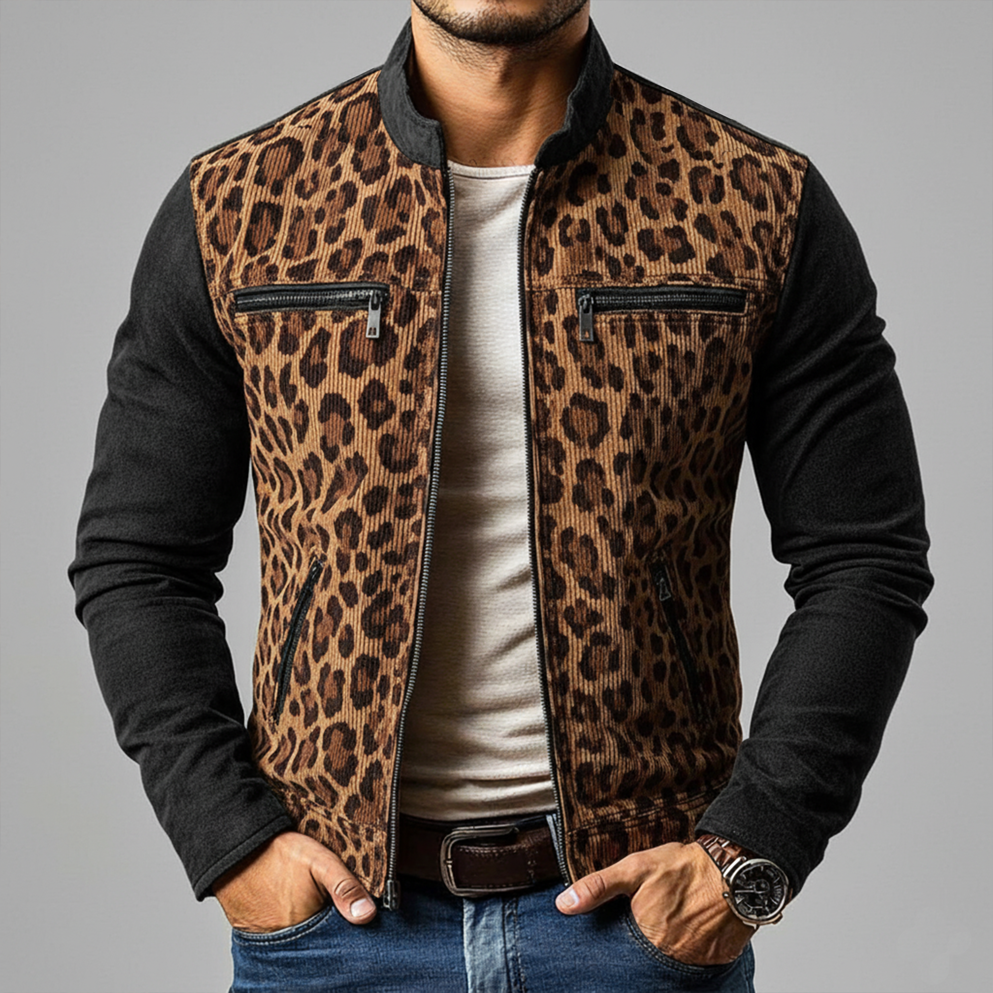 Men's Classic Retro Stand Collar Leopard Print Corduroy Patchwork Faux Suede Zipper Jacket MTA2545J7K